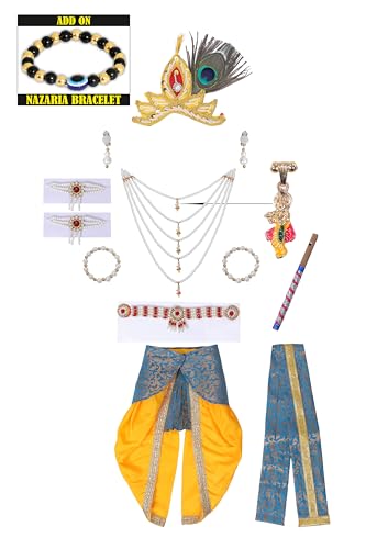 Image of Krishna Dress for Kids, Baby Krishna Dress for Janmashtami with Krishna Mukut, Peacock Feather & Flute Embroidered Krishna Costume for Girl & Boy, 3 Months-8 Years