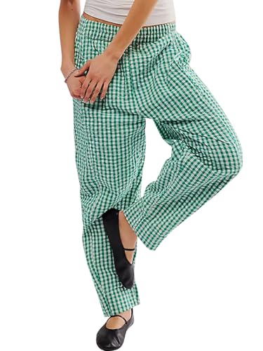 Image of YKR Plaid Pants for Women Gingham Lounge Wide Leg Low Waist Pajama Pants Elastic Waist Trousers with Pocket