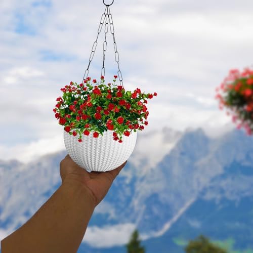 Image of Tdas Artificial Hanging Flowers with Basket Plants Leaves Home Decor for Outdoor Balcony Yard Patio Garden Porch Deck Autumn Faux Fake Realistic Spring Decoration - 60 cm (Red)