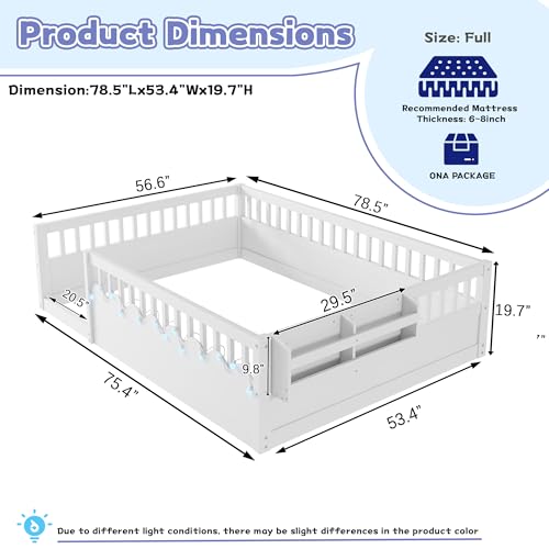 White Floor Bed, Full Size Montessori Bed with High Fence Railings, Wood Playhouse Beds with Rails, Light & Storage for Baby Kids Boys Girls Teens, No Slats Included
