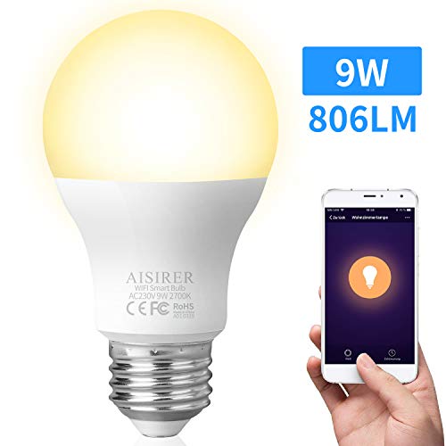 AISIRER Ampoule Connectee Ampoule LED WiFi Intelligente 9W 806LM Compatible avec Amazon Alexa Echo, Google Home Assistant Dimmable Lumière chaude 2700K Aucun hub requis (actualiser 1 Pack)