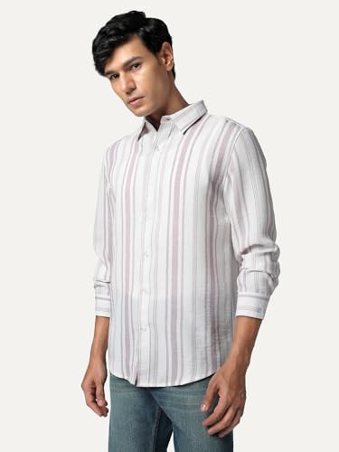 Image of Urbano Fashion Men's Cotton Full Sleeve Relaxed Fit Linen Striped Shirt with Spread Collar