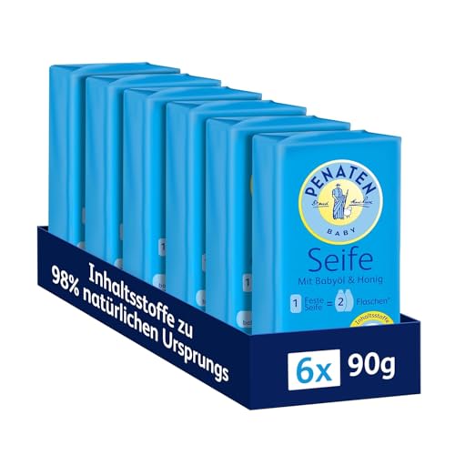 Penaten Seife (6x90g), Babypflege Handseife zur sanften Reinigung für fühlbar babyweiche Haut, feste Babyseife auf Pflanzenbasis mit pflegendem Babyöl und Honig
