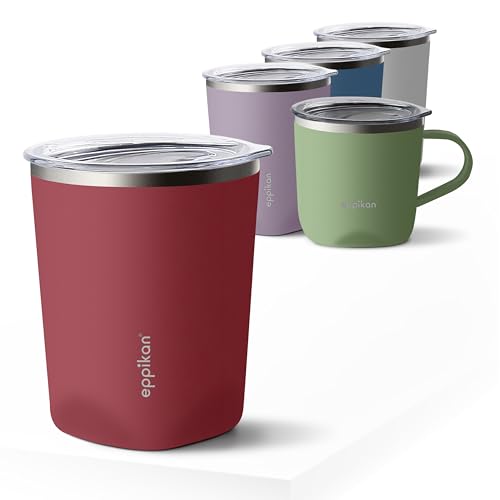 eppikan eppiLungo Edelstahl Thermobecher, Isolierbecher, Kaffeetasse, Trinkbecher, Thermotasse 220ml, 280ml mit Deckel, für Kaffee und Tee (Vintage Red, 280 ml)