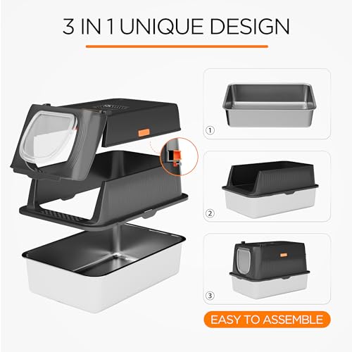 Image of Anywish Stainless Steel Cat Litter Box with Lid, XL Extra Large Enclosed Removable Metal Litter Box with Litter Scoop&Double Layer Litter Mat, Non-Sticky, Non-Odor, Easy Cleaning, for Big Cats, Black