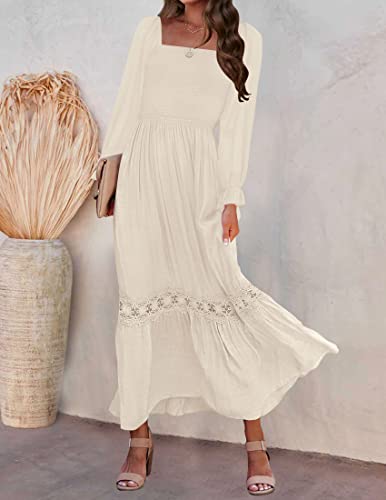 Zesica Women'S 2024 Boho Long Sleeve Square Neck Smocked High Waist Flowy A Line Lace Trim Maxi Dress Apricot thumb #2
