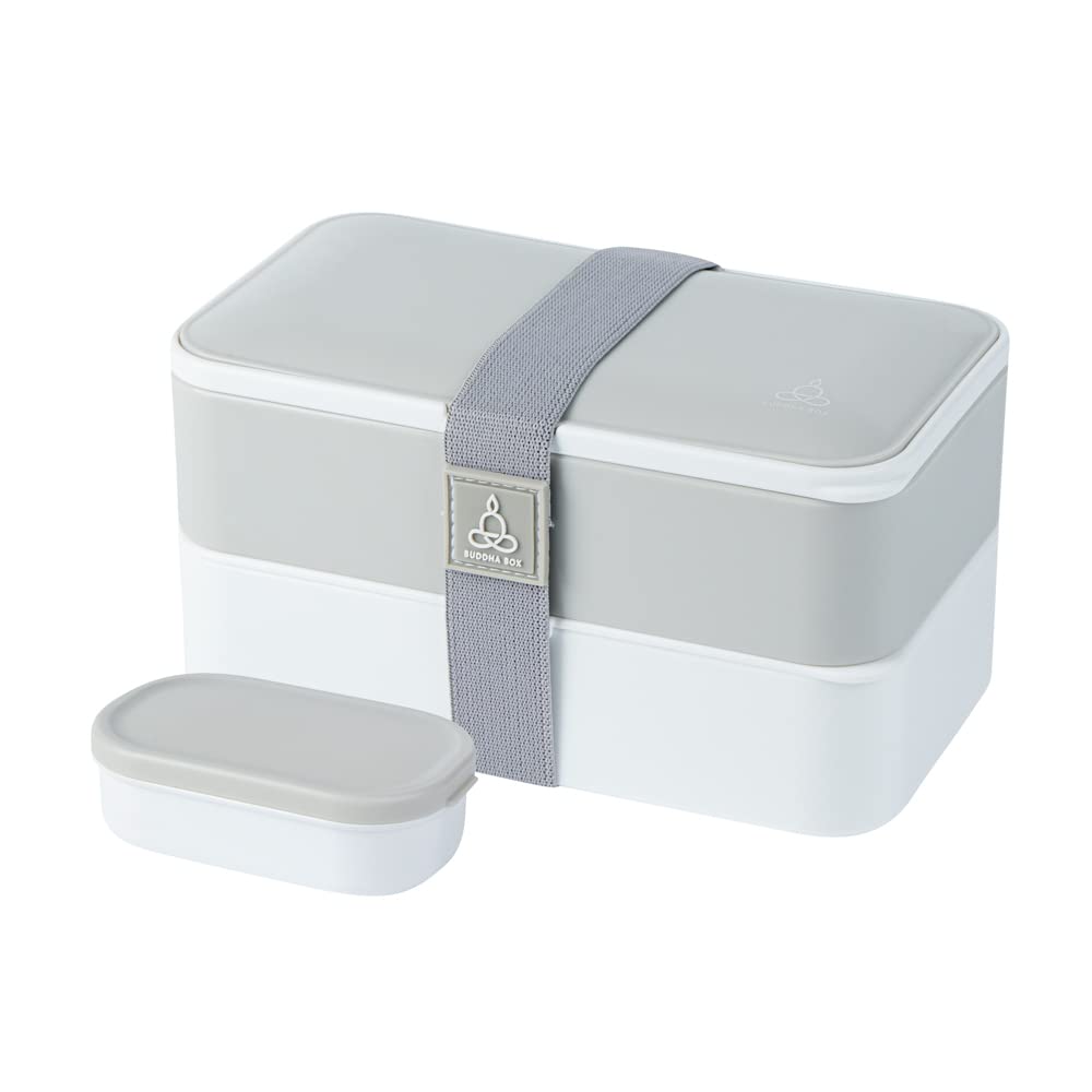 Restaurantware Bento Tek - Lonchera apilable de 1,148.2 g, 1 contenedor reutilizable para adultos, con utensilios incluidos, taza de salsa, de plástico gris y blanco, apta para microondas y