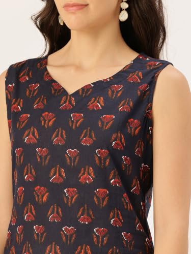 Image of feranoid Women's Pure Cotton Floral Print Straight Kurti | Elegant Curved V-Neck | Sleeveless Calf-Length Ethnic Wear | Comfortable Regular Fit | Sizes XS-XXL