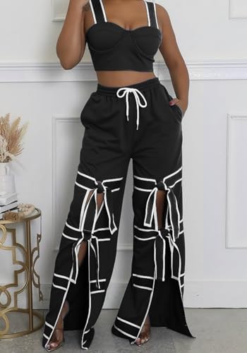 Vaceky Bow Tie Sweatpants Women Wide Leg Split Flowy Casual Trouser Pants3