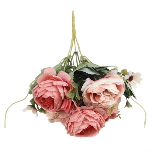 ZWEquipint Ramo de flores artificiales con peonía y rosa, flores falsas de plástico resistentes a los rayos UV y a la decoloración para decoración del hogar, boda y centro de mesa, rosa (rosa)