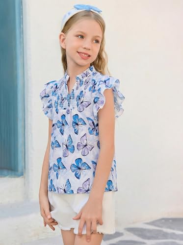 Image of Haloumoning Girls Ruffle Short Sleeve Floral Chiffon Blouses Kids Summer Shirts Tops 5-14 Years