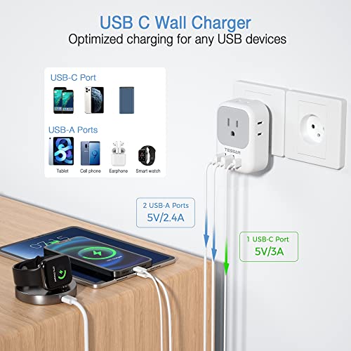 Tessan Israel Power Adapter, Us To Israel Plug Adapter With 4 American Outlets 3 Usb Charger thumb #3