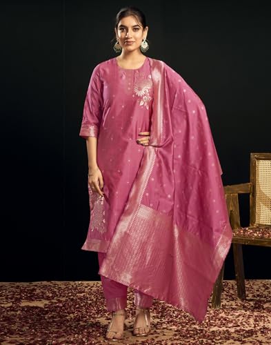 Image of SIRIL Women's Rayon Viscose Banarasi Jacquard Zari Woven Straight Kurta Pant with Dupatta Set