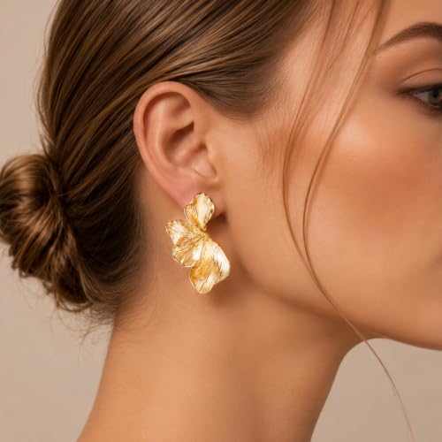 Image of Gold Flower Clip On Earrings for Women, Statement Textured Petal Flower Earrings with Soft Cushion Pads, Lightweight Non Pierced Floral Jewelry