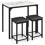 COSTWAY 3 Pieces Bar Table Set, Kitchen Counter Table and 2 Bar Stools with PU Leather Pad, Metal Frame Breakfast Dining Table Sets for Home, Pub, Living Room (Cream White)