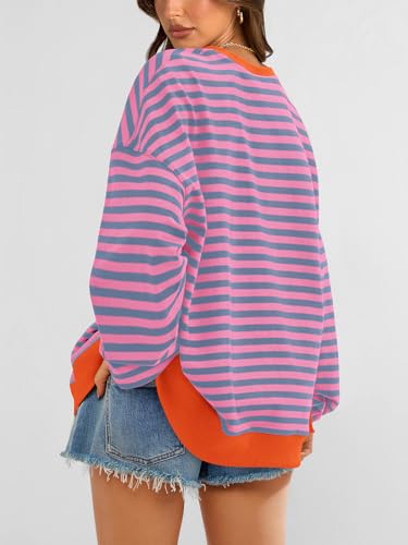 Image of PRETTYGARDEN Womens Striped Oversized Sweatshirt Color Block Crew Neck Long Sleeve Casual Loose Pullover Top Y2K Clothes