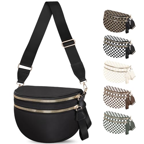 Spacious Nylon Checkered Crossbody Bum Bag for Women Fashion Checkerboard Fanny Pack Purse with Anti-theft Pocket Adjustable Wider Strap Wasit Bag