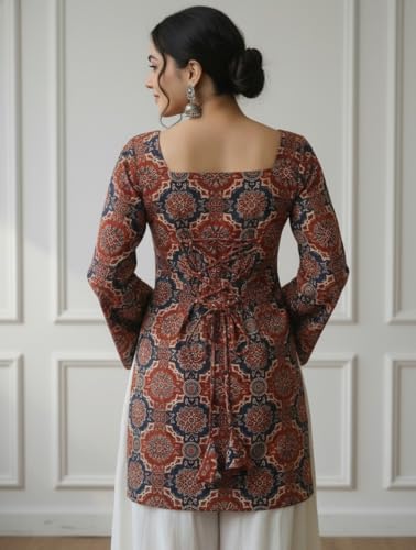 Image of MAHIRA'S Women's Short Kurti, Black Rayon Tunic Top with Embroidered Sleeves, 3 /4 Designer Sleeves