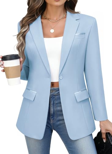 Kelyaa Women's Casual Business Blazer Notched Lapel One Button Open Front Long Sleeve Blazers Office Work Suit Jackets Light Blue
