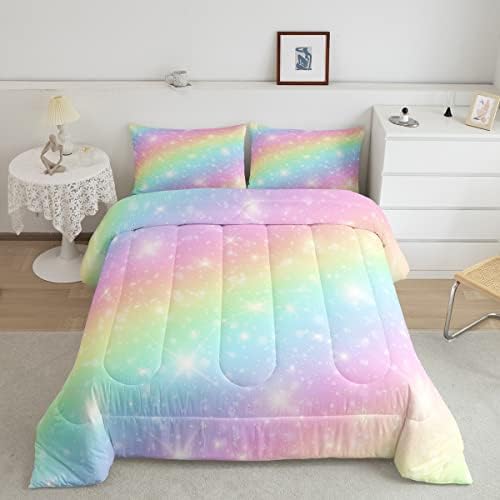 Erosebridal Rainbow Bedding Set for Kids Girls Teens Women Tie Dye Pastel Comforter Set Full Size Golden Stars Glitter Bedding Comforter Set Watercolor Art Girly Quilt Set Sweet Bedroom Decor 3 Piece