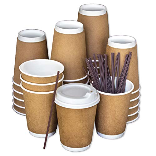 Disposable Coffee Cups To Go with Lids, Stirrers, and Integrated Sleeves | [100 Pack - 12 Ounce] | Recyclable Paper | Travel Cups