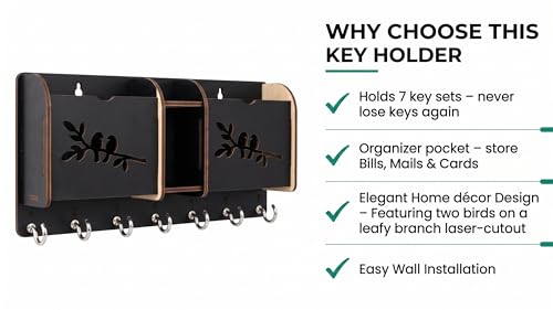Image of Wall Mount Key Holder & Mail Organizer | Laser-Cut Key Hanger with 7 Metal Hooks, Letter Rack & Pen Stand | Wooden Wall Decor for Entryway, Living Room, Home & Office (Bird Branch)