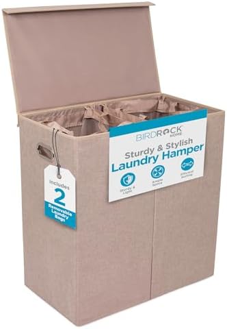 BIRDROCK HOME Double Laundry Hamper with Lid and Removable Liners ...