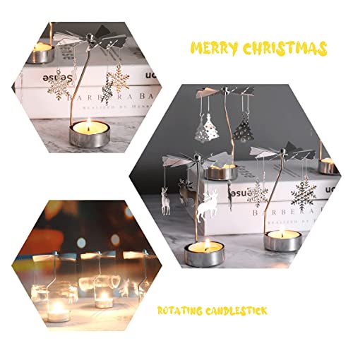 Olanzh Spinning Tea Light Holder,3Pcs Metal Rotating Candle Holder Christmas Metal Candlesticks Snowflake Reindeer Xmas Tree Design For Wedding Event Christmas #TOP1