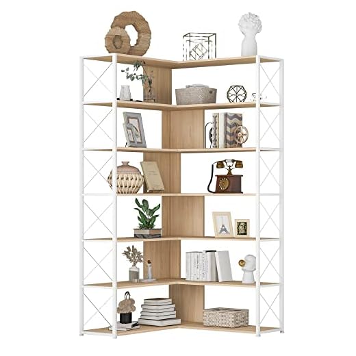 7-Tier Corner L-Shaped Bookcase Tall Bookshelf with Open Storage Industrial Etagere Shelf, Freestanding, Metal Frame, Oak