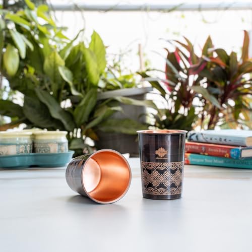 Image of INDIAN ART VILLA Copper Antique Dark Embossed Drinking Glass, Pure Copper Ayurvedic Water Tumbler for Home, Office, Restaurant Use, Traditional Drinkware Gift Item, 275 ML, Set of 2