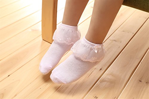 DoMii Toddler Girl Ankle Socks Lace Eyelet Frilly Socks with Ruffles Bowknot Strawberry Print 2 Pack4