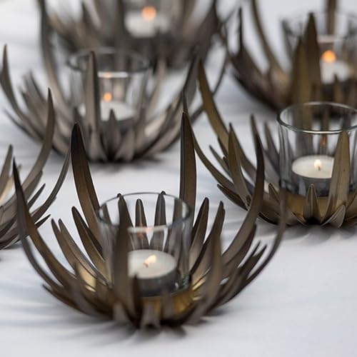 Crocus Collection 17cm Single Flower Tealight Candle Holder in Antique Brass Design for Outdoor Use