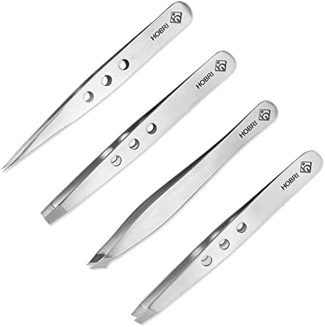 Tweezers Set, Eyebrows Kit Professional Stainless Steel Set – 4 Pieces with Leatherette Travel Case Perfect for Facial Hair, Beauty and Personal Care Tool Hobri International, silver (HTZK-001)