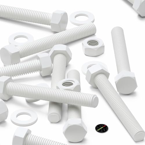 Image of 10x White Hexagon Head Screws Polypropylene (PP) Plastic Nuts, Bolts & Washers, M10 x 75 mm, (25 /64 x 2 61 /64 in)