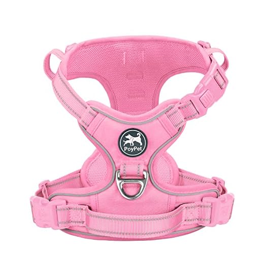 PoyPet No Pull Dog Harness, No Choke Reflective Dog Vest, Adjustable Pet Harnesses with Easy Control Padded Handle for Small Medium Large Dogs(Light Pink Matching Trim,S)