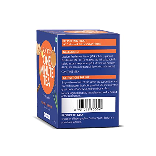 Image of Society One Minute Tea | Masala Flavour | Made With Ginger, Clove, Black Pepper, Cinnamon | Masala Chai | Flavoured Instant Tea | 14G X 10 Sachets | Pack Of 2, 14 grams