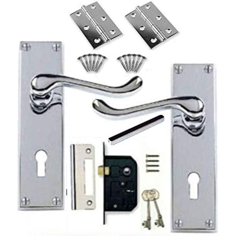 IRONZONE® Victorian Scroll Polished Chrome Door Handle Lock Pack, 3 Lever Lock, 1 Pair of Hinges, for Extra Privacy in Bedroom and Living Room, Traditional Design Cover