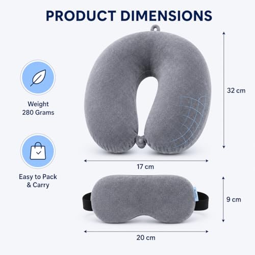 Image of Restify Premium Memory Foam Travel Neck Pillow with Eye Mask | Soft Velvet U Shape Neck Support Cushion for Flight, Airplane, Car & Office Travel | Portable Pillow for Men & Women | Grey