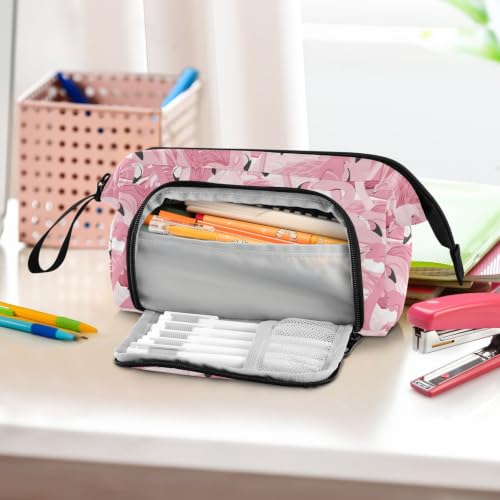 Image of Pink Flamingo Print Pencil Case Pouch Big Capacity Pencil Bag Box Organizer Pen Case with Compartmens Stationery Organizer for Girls Boys Women School College Office