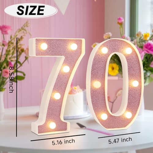 Image of Led Light Up Numbers, 70th Birthday Decorations, Marquee Numbers Lights, Battery Powered Light Up Sign for 30 Decor Party (Pink Glitter)
