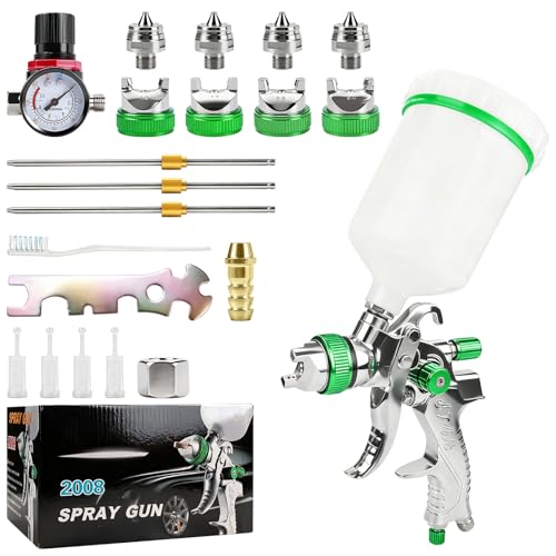 beibijio HVLP Lackierpistole Spritzpistole Kit Profi Lackierpistole Druckluft mit 1 4mm/1 7mm/2 0mm/2 5mm Düsen Farbsprühsystem Spraypistole mit 600ml Plastikbecher Einstellbarem Luftdruck Fluss