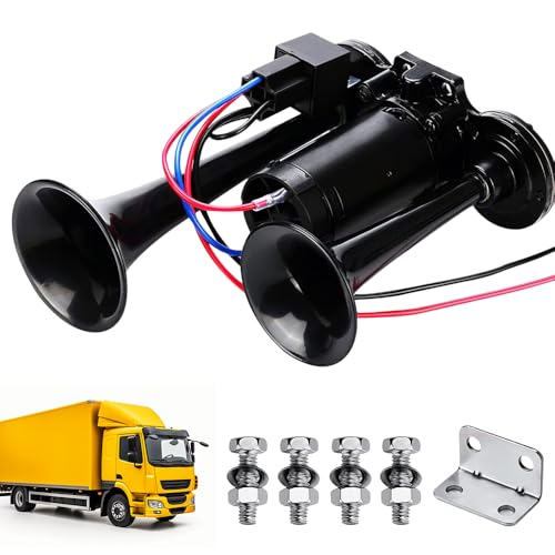 Lkw Hupe 12v 150db Train Horn Autohupe mit Kompressor und Knopf Doppelrohr Luft Hupe Fanfare 12v Chrom Zink Dual Trumpet Air Drucklufthorn für PKW LKW Booten Motorrädern (Schwarz)