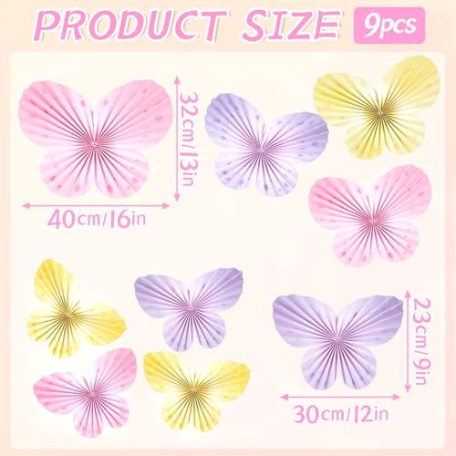 Image of Easy Joy 9Pcs Paper Butterfly Decorations Butterfly Party Decor Hanging Paper Butterfly Fan Pastel Paper Fans Paper Butterflies for Spring Baby Shower Girls Room Wall Classroom Fairy Birthday