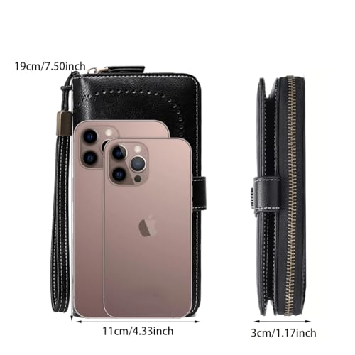 Image of Women Leather Wallet Crossbody Shoulder Bag with Double Zipper and Mobile Phone Purse with Shoulder Strap