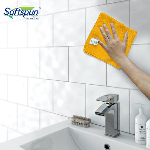 Image of SOFTSPUN Microfiber Cleaning Cloths 50X50 cms 5 pcs Towel Set 340 GSM Orange! Highly Absorbent Lint and Streak Free Multi-Purpose Wash Cloth for Kitchen Car Window Stainless Steel Silverware.