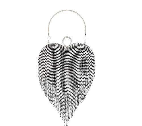 Image of UMREN Women Luxury Heart Shape Tassel Evening Clutch Bag Rhinestones Wedding Party Purse Handbag