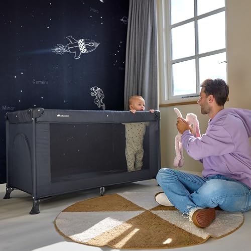 Bebeconfort Sweet Dreams, Baby Reisebett, 0–3 Jahre (0–15 kg), Reisebett leicht für Babys, Große gepolsterte Matratze, Seitenfenster, Einfach Kompakt Klappbar, Mit Reisetasche, Mineral Graphite