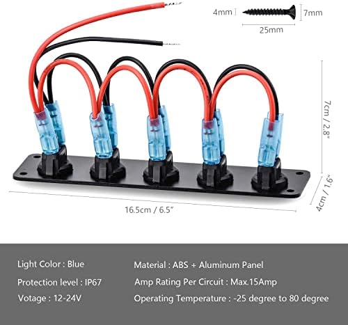 WEKON 5 Gang 3 Pin Rocker Switch Panel Rocker Round Toggle Waterproof 12-24V 5 LED Car Marine Blue LED Toggle Switch Panel Blue LED