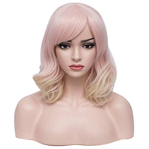 BERON Pink Wig Short Wavy Wig with Bangs Pink Ombre Blonde Bob Wig Synthetic Cosplay Costume Daily Wear Wig ( Pink Ombre Blonde)