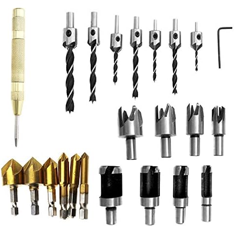 OTOTEC 23 unids de acero de alta velocidad tres puntas avellanador broca carpintería chaflán herramienta de perforación centro sacador L- llave de madera cortador kit Cover